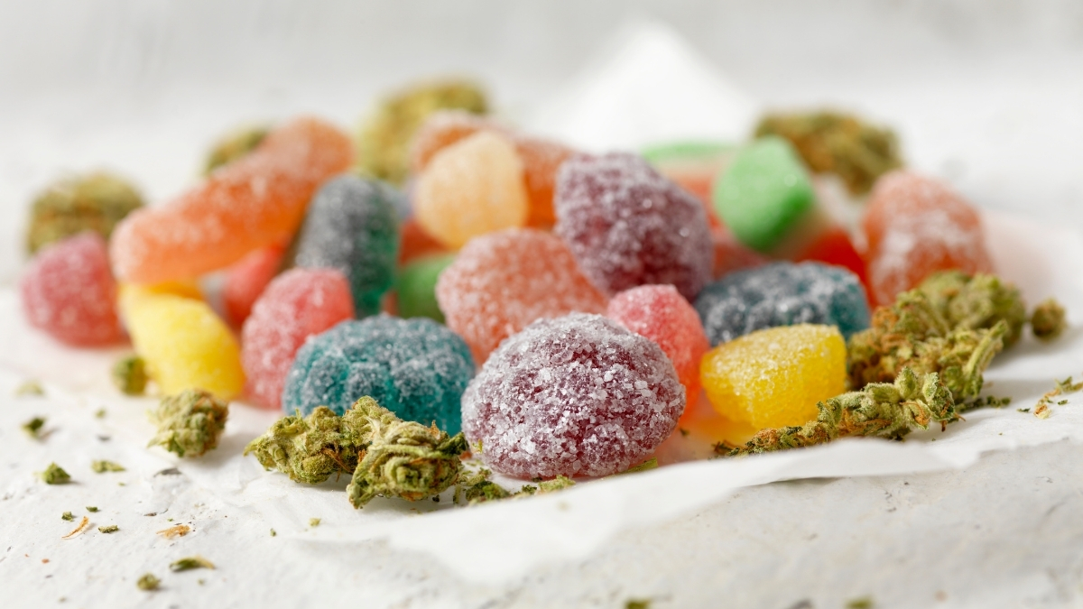 a photo of gummies with cannabis in a bowl